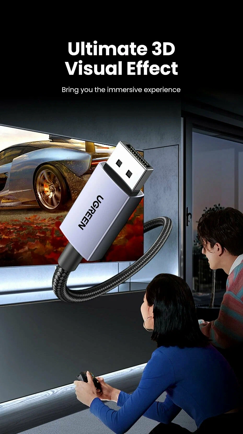 15383 Кабель Ugreen DP118 DisplayPort 2.1, 16K 30Hz, 1m, Цвет-серый